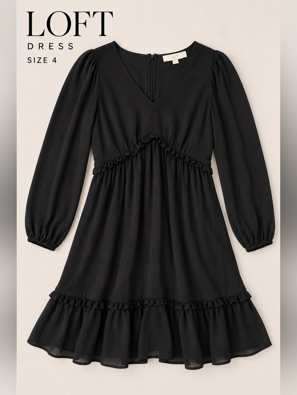 EUC Loft Black Empire Waist V-Neck Tiered Dress, Size 4